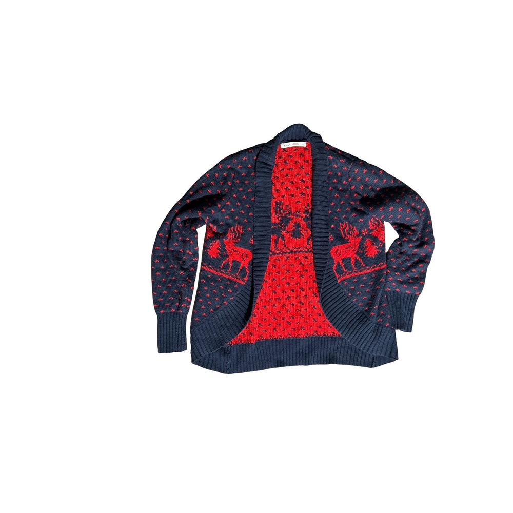 Woolrich Womens Reindeer Fair Isle Open Front Cardigan Sweater Navy Red Medium